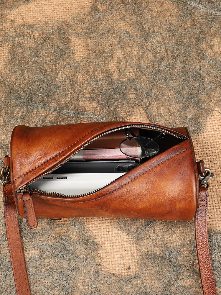 Vintage Leather Womens Barrel Shoulder Bags Bucket Crossbody Purse for Women