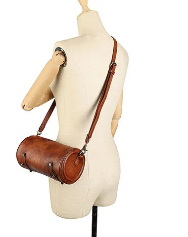 Vintage Leather Womens Barrel Shoulder Bags Bucket Crossbody Purse for Women