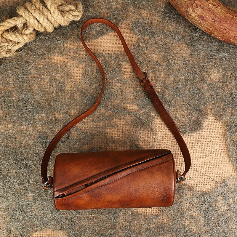 Vintage Leather Womens Barrel Shoulder Bags Bucket Crossbody Purse for Women