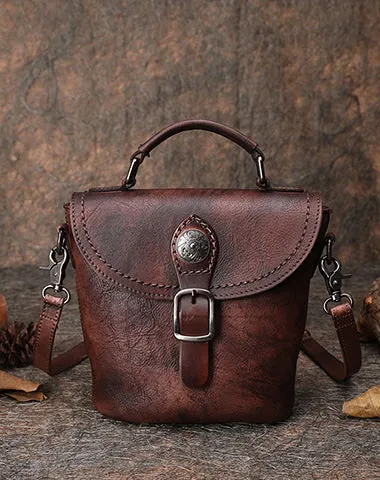 Vintage Leather Womens Bucket Green Shoulder Bag Handmade Barrel Crossbody Purse for Ladies