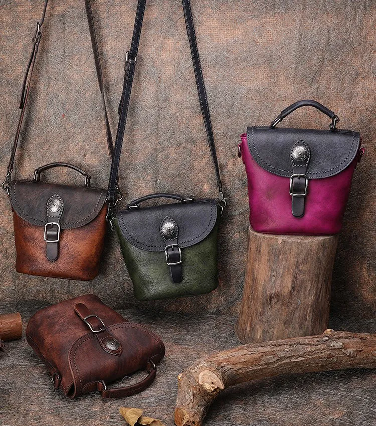 Vintage Leather Womens Bucket Green Shoulder Bag Handmade Barrel Crossbody Purse for Ladies
