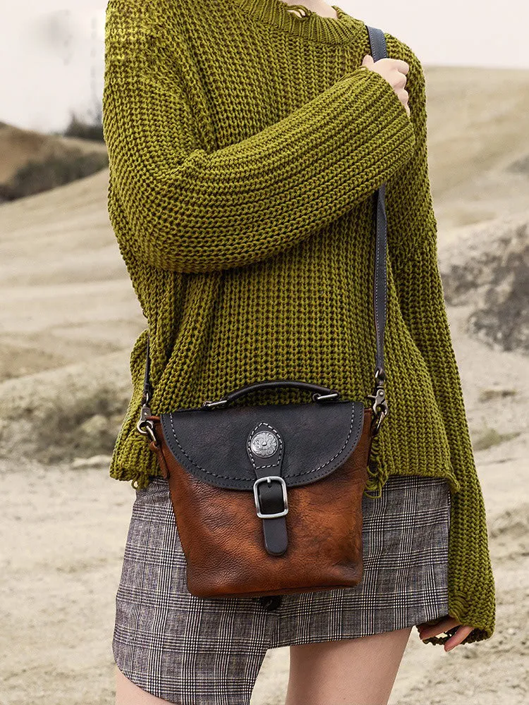 Vintage Leather Womens Bucket Green Shoulder Bag Handmade Barrel Crossbody Purse for Ladies