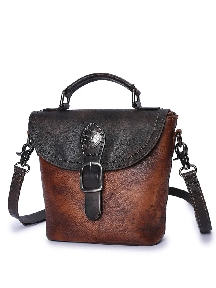 Vintage Leather Womens Bucket Green Shoulder Bag Handmade Barrel Crossbody Purse for Ladies