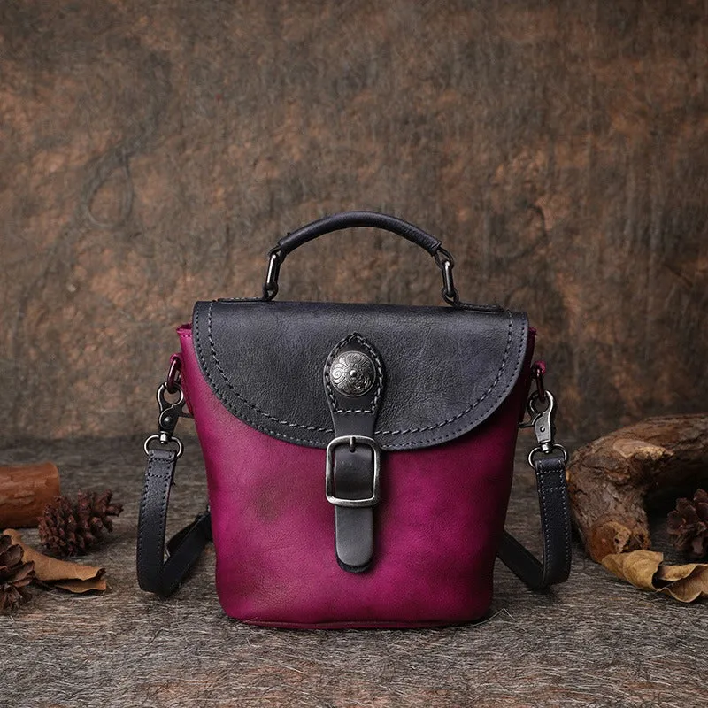Vintage Leather Womens Bucket Green Shoulder Bag Handmade Barrel Crossbody Purse for Ladies