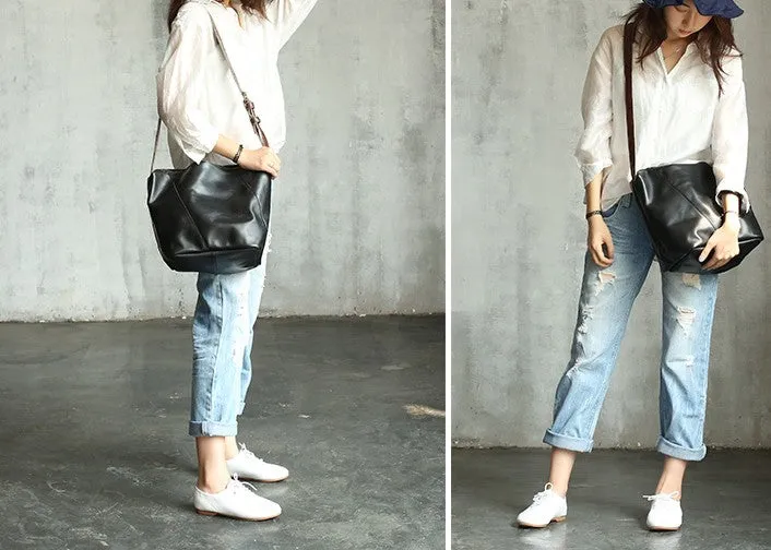Vintage LEATHER WOMENs Bucket SHOULDER BAG Barrel Crossbody Purse FOR WOMEN