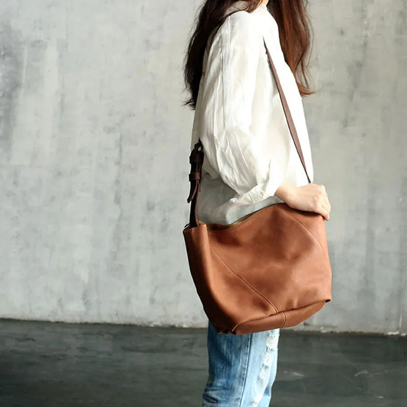 Vintage LEATHER WOMENs Bucket SHOULDER BAG Barrel Crossbody Purse FOR WOMEN