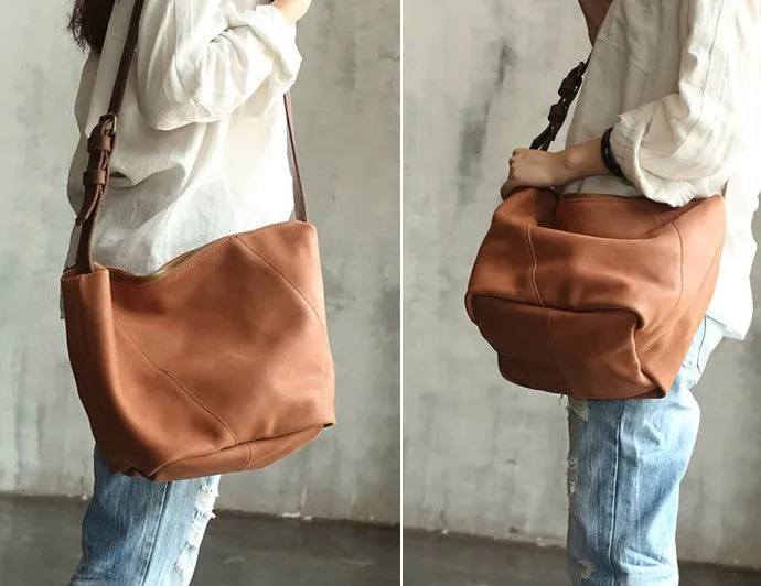Vintage LEATHER WOMENs Bucket SHOULDER BAG Barrel Crossbody Purse FOR WOMEN