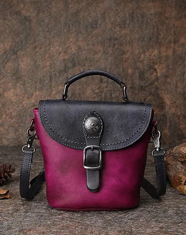 Vintage Leather Womens Bucket Shoulder Bag Handmade Barrel Crossbody Purse for Ladies
