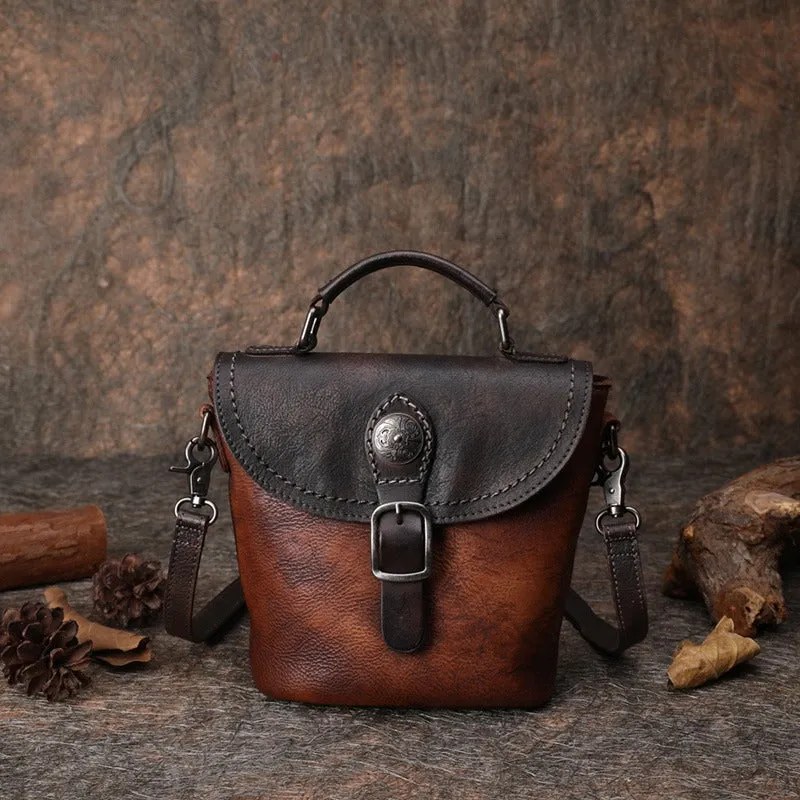 Vintage Leather Womens Bucket Shoulder Bag Handmade Barrel Crossbody Purse for Ladies