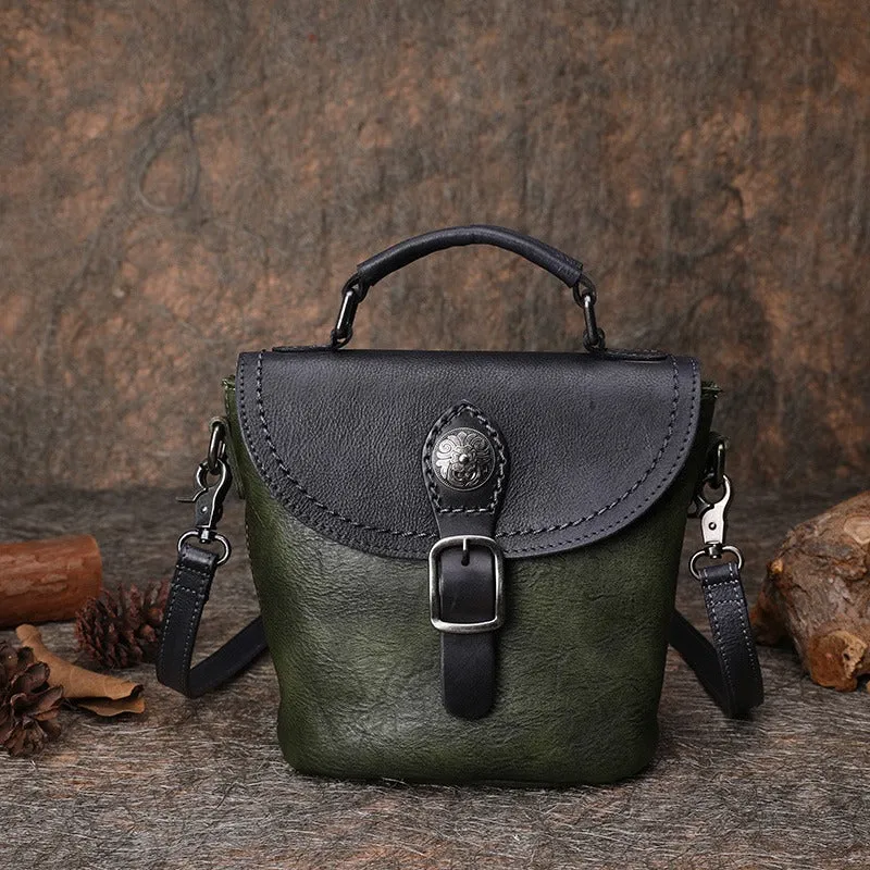 Vintage Leather Womens Bucket Shoulder Bag Handmade Barrel Crossbody Purse for Ladies