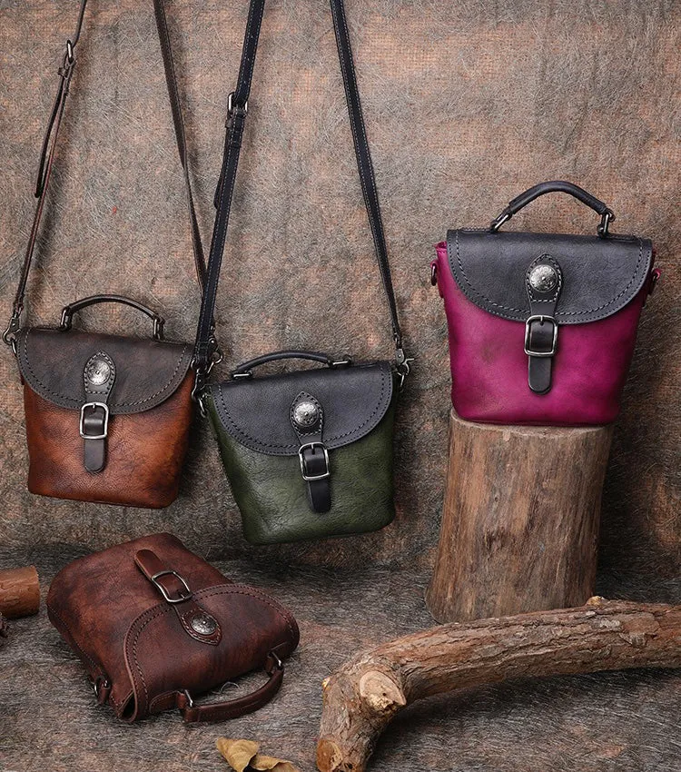 Vintage Leather Womens Bucket Shoulder Bag Handmade Barrel Crossbody Purse for Ladies