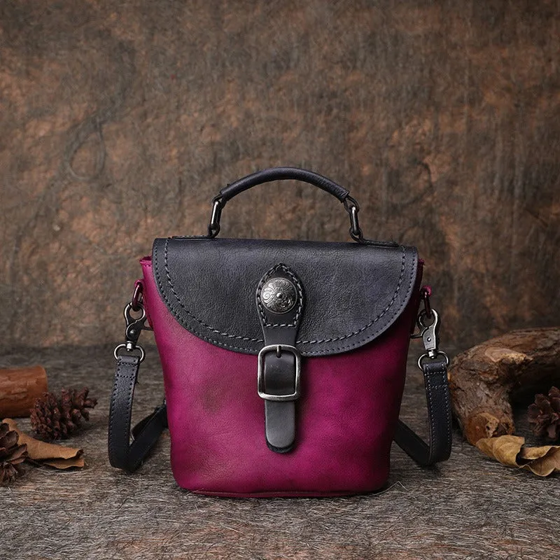 Vintage Leather Womens Bucket Shoulder Bag Handmade Barrel Crossbody Purse for Ladies