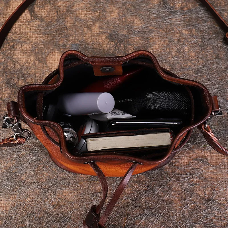 Vintage Leather Womens Bucket Shoulder Bags Bucket Crossbody Purse for Women