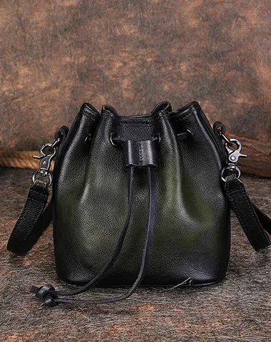 Vintage Leather Womens Bucket Shoulder Bags Bucket Crossbody Purse for Women