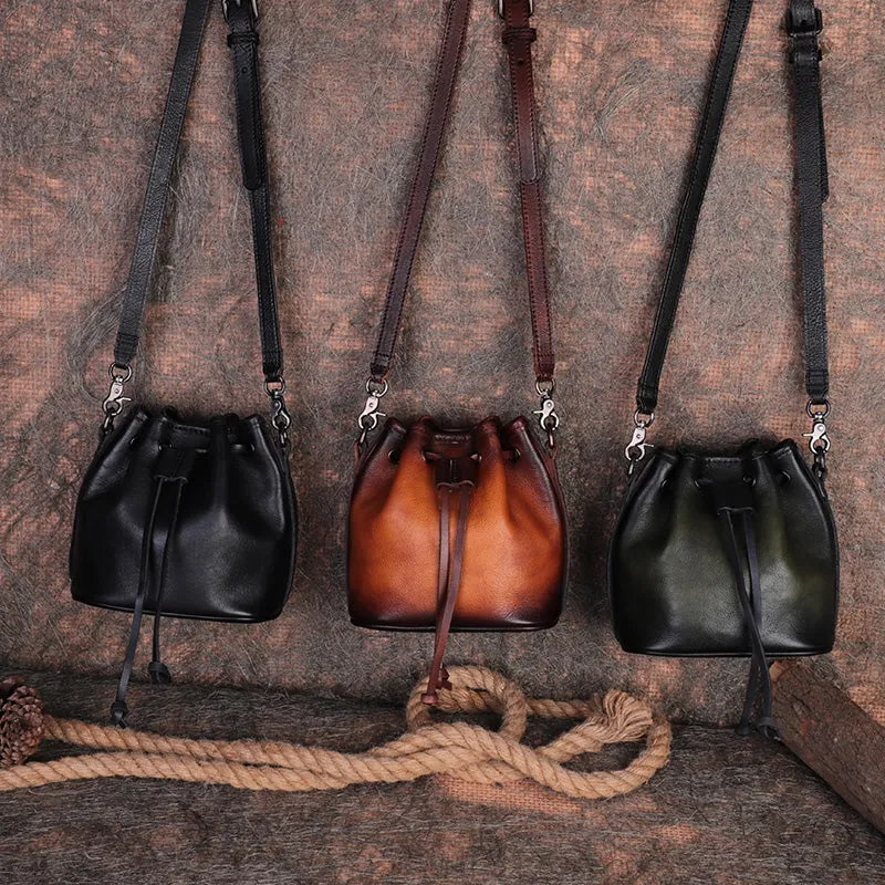 Vintage Leather Womens Bucket Shoulder Bags Bucket Crossbody Purse for Women