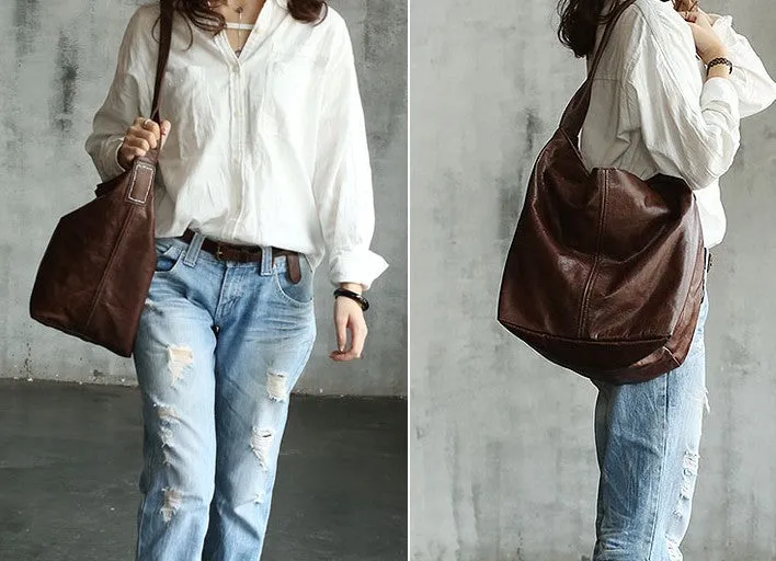 Vintage LEATHER WOMENs Large Bucket SHOULDER BAG Barrel Purse FOR WOMEN