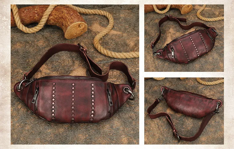 Vintage Women Black Gray Leather Rivet Waist Bag Fanny Pack Handmade Shoulder Rivet Hip Packs for Women