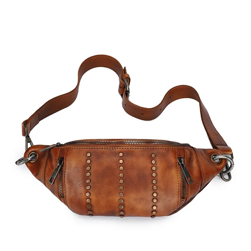 Vintage Women Black Gray Leather Rivet Waist Bag Fanny Pack Handmade Shoulder Rivet Hip Packs for Women