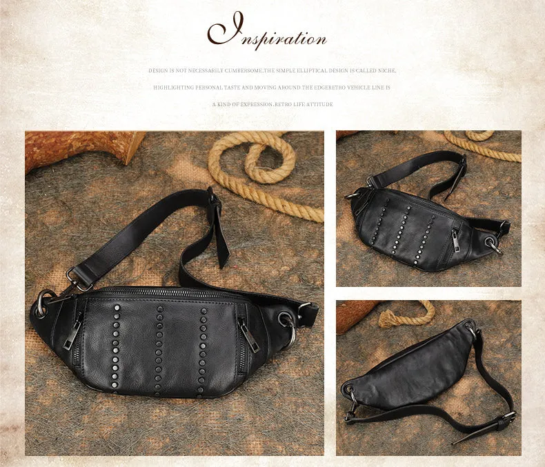 Vintage Women Brown Leather Rivet Waist Bag Fanny Pack Handmade Shoulder Rivet Hip Packs for Women
