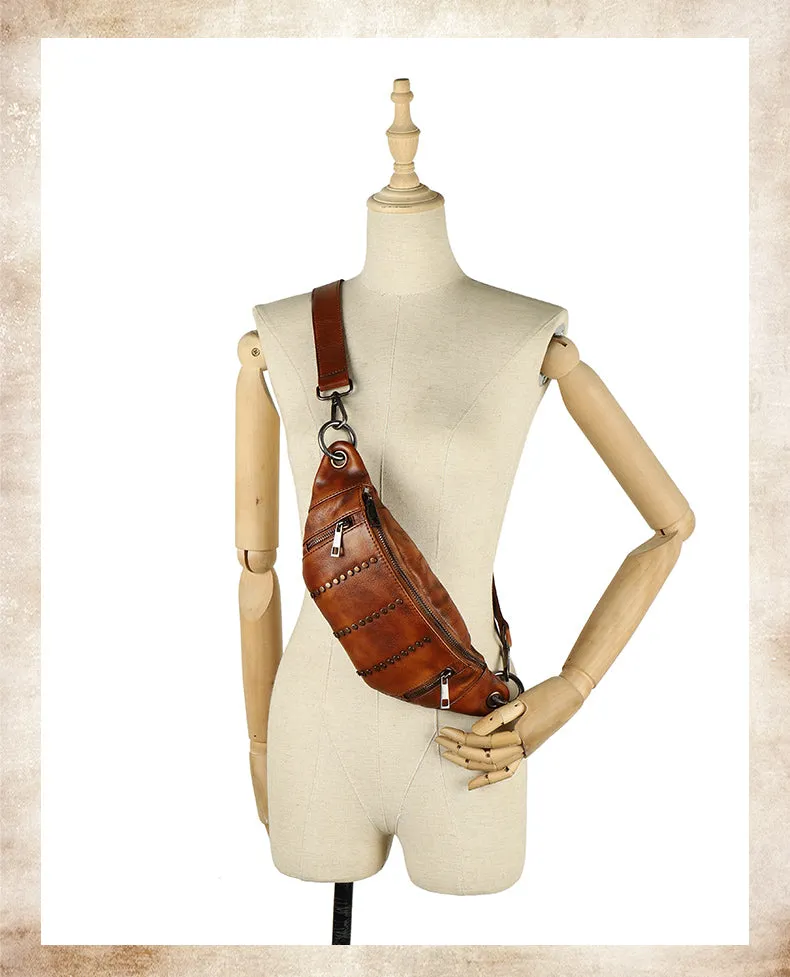 Vintage Women Brown Leather Rivet Waist Bag Fanny Pack Handmade Shoulder Rivet Hip Packs for Women