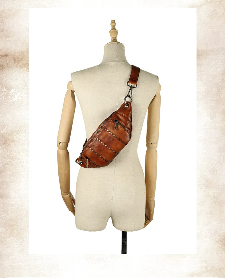 Vintage Women Brown Leather Rivet Waist Bag Fanny Pack Handmade Shoulder Rivet Hip Packs for Women