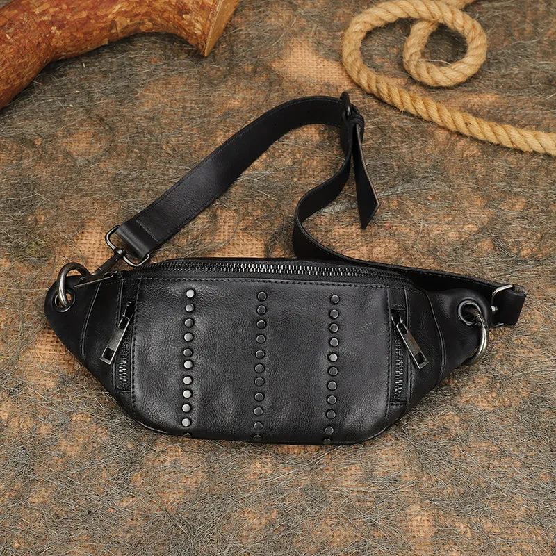 Vintage Women Brown Leather Rivet Waist Bag Fanny Pack Handmade Shoulder Rivet Hip Packs for Women
