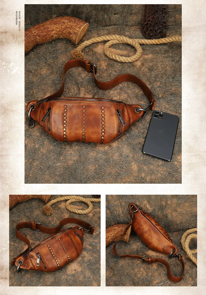 Vintage Women Coffee Leather Rivet Waist Bag Fanny Pack Handmade Shoulder Rivet Hip Packs for Women