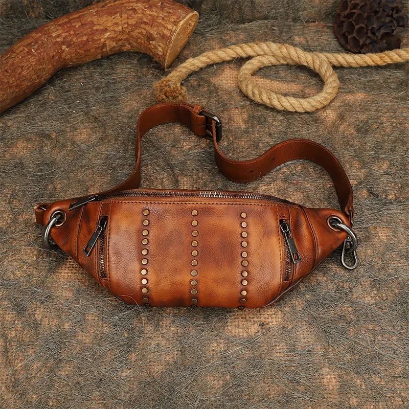 Vintage Women Coffee Leather Rivet Waist Bag Fanny Pack Handmade Shoulder Rivet Hip Packs for Women