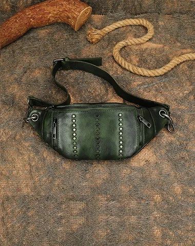 Vintage Women Coffee Leather Rivet Waist Bag Fanny Pack Handmade Shoulder Rivet Hip Packs for Women