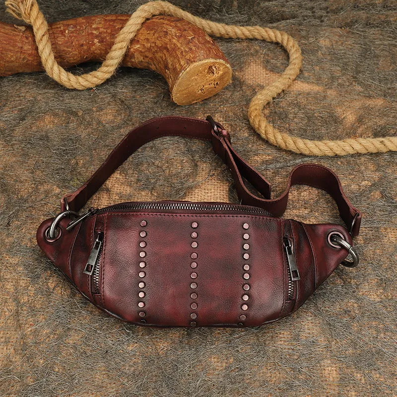 Vintage Women Coffee Leather Rivet Waist Bag Fanny Pack Handmade Shoulder Rivet Hip Packs for Women