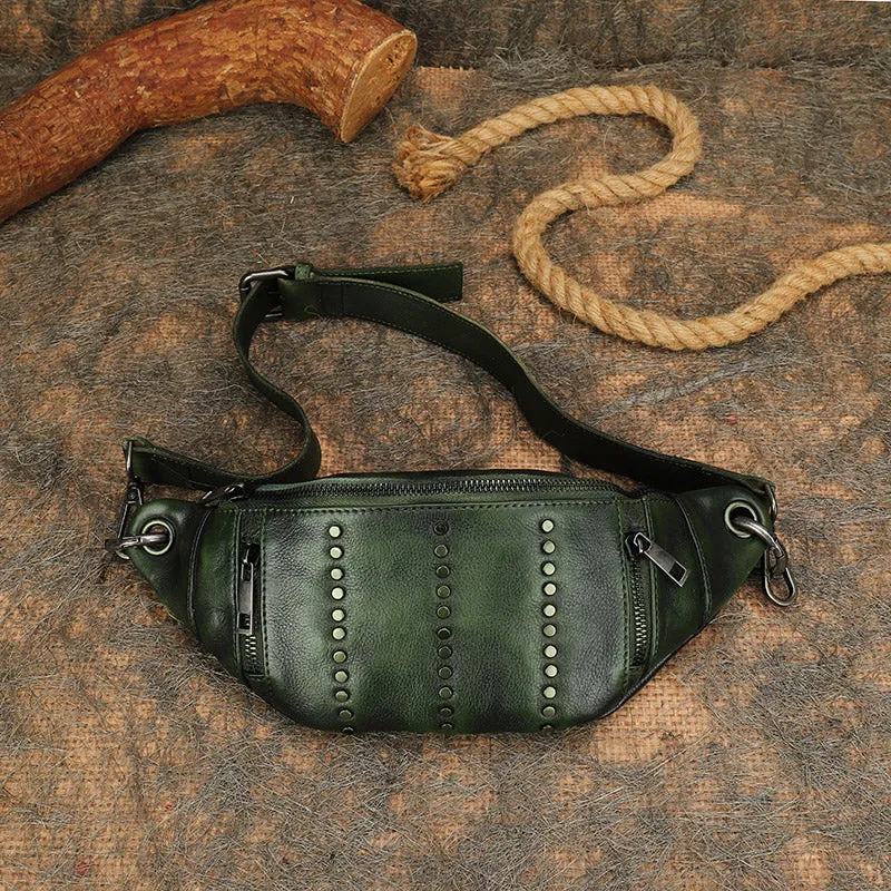 Vintage Women Coffee Leather Rivet Waist Bag Fanny Pack Handmade Shoulder Rivet Hip Packs for Women