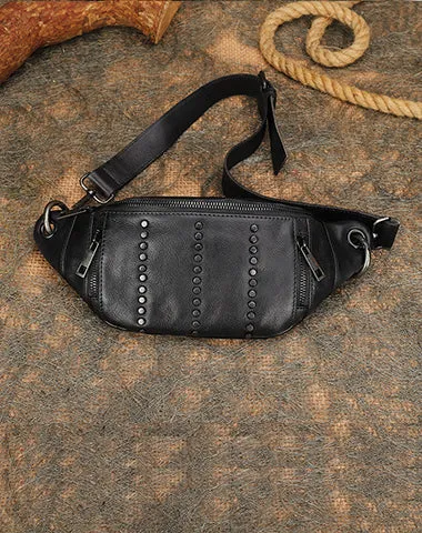 Vintage Women Coffee Leather Rivet Waist Bag Fanny Pack Handmade Shoulder Rivet Hip Packs for Women
