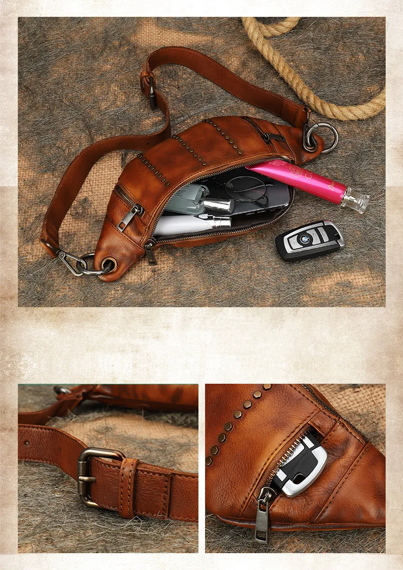 Vintage Women Coffee Leather Rivet Waist Bag Fanny Pack Handmade Shoulder Rivet Hip Packs for Women