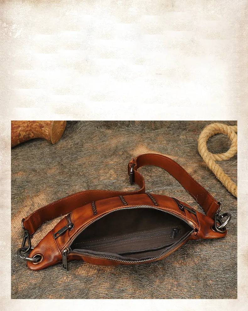 Vintage Women Coffee Leather Rivet Waist Bag Fanny Pack Handmade Shoulder Rivet Hip Packs for Women