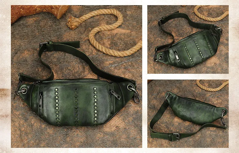 Vintage Women Leather Rivet Waist Bag Fanny Pack Handmade Rivet Hip Packs for Women