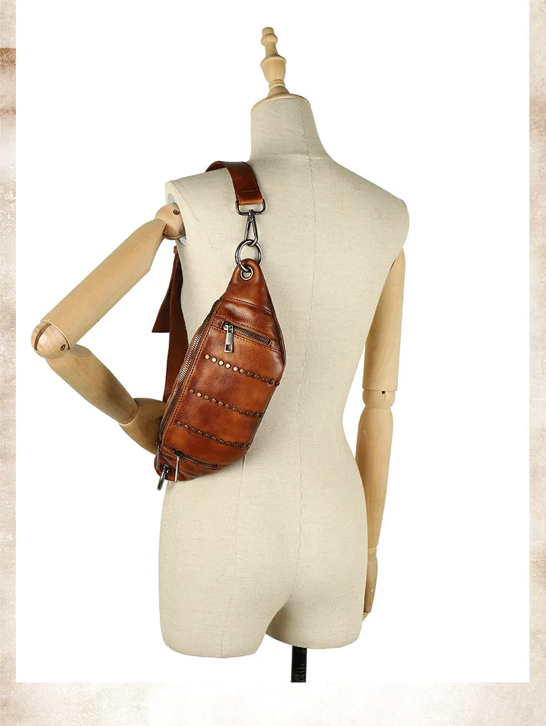 Vintage Women Leather Rivet Waist Bag Fanny Pack Handmade Rivet Hip Packs for Women