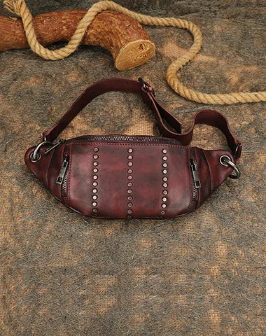 Vintage Women Leather Rivet Waist Bag Fanny Pack Handmade Rivet Hip Packs for Women