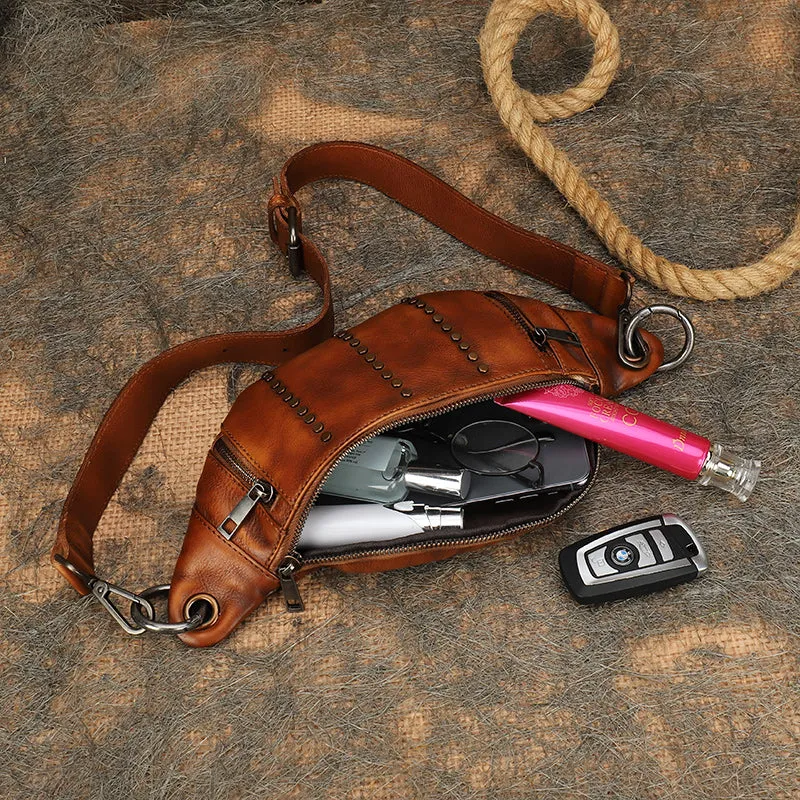 Vintage Women Leather Rivet Waist Bag Fanny Pack Handmade Rivet Hip Packs for Women