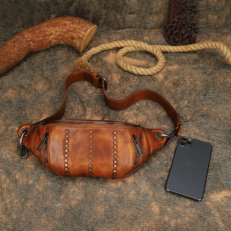 Vintage Women Leather Rivet Waist Bag Fanny Pack Handmade Rivet Hip Packs for Women
