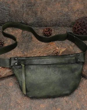 Vintage Women Leather Waist Bag Green Fanny Pack Handmade Hip Packs for Women