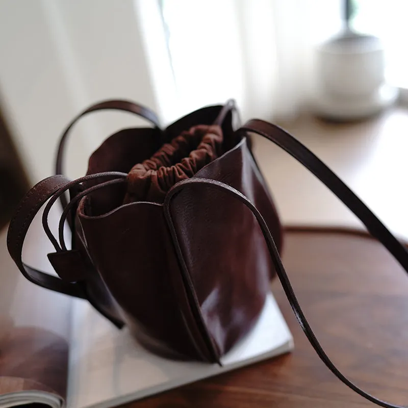 Vintage Womens Black Leather Small Bucket Shoulder Bag Flower Bud Bucket Purse for Women