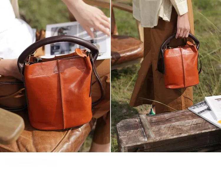Vintage Womens Brown Leather Bucket Purse Handbag Barrel Side Bag With Zipper for Ladies