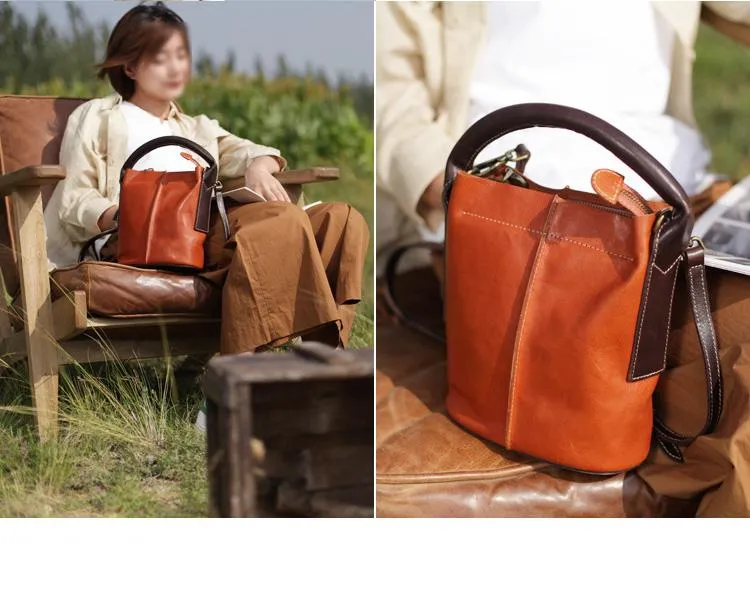 Vintage Womens Brown Leather Bucket Purse Handbag Barrel Side Bag With Zipper for Ladies