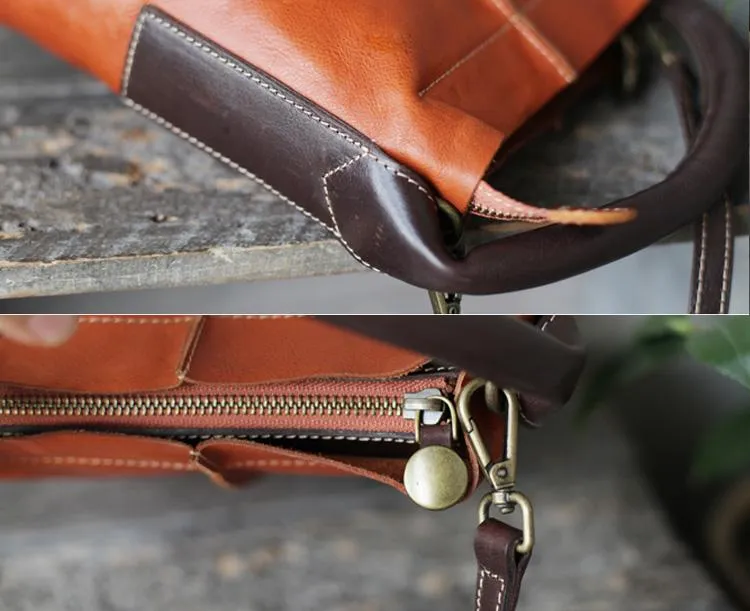 Vintage Womens Brown Leather Bucket Purse Handbag Barrel Side Bag With Zipper for Ladies