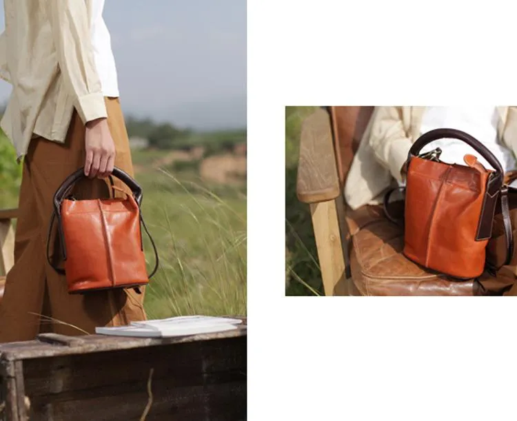 Vintage Womens Brown Leather Bucket Purse Handbag Barrel Side Bag With Zipper for Ladies