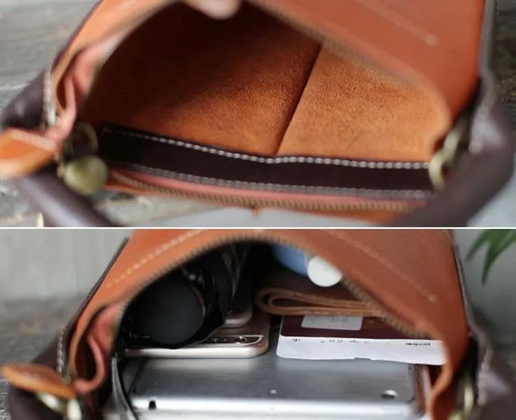 Vintage Womens Brown Leather Bucket Purse Handbag Barrel Side Bag With Zipper for Ladies
