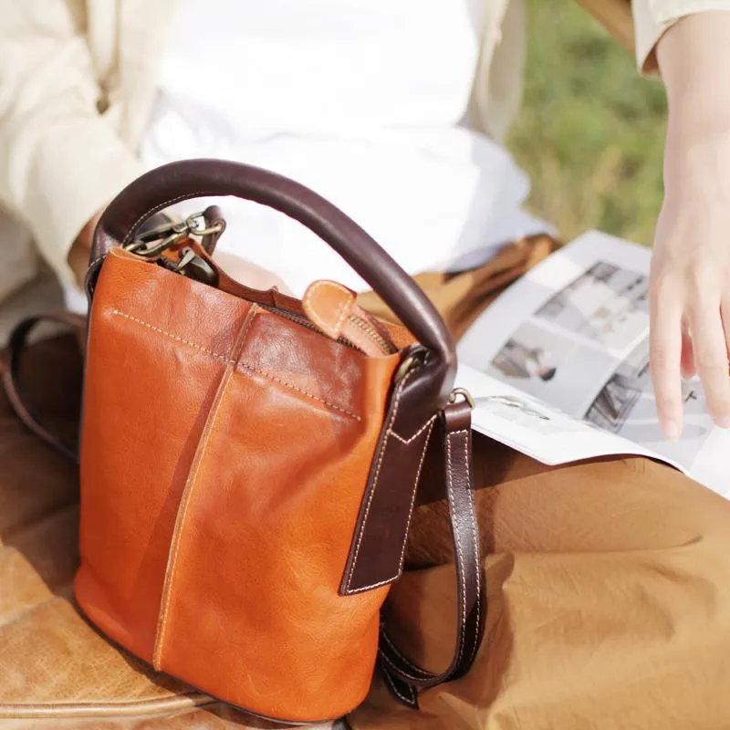 Vintage Womens Brown Leather Bucket Purse Handbag Barrel Side Bag With Zipper for Ladies