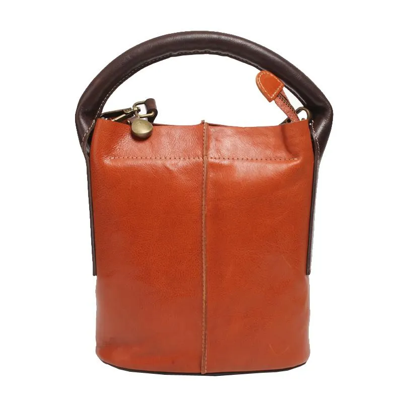 Vintage Womens Brown Leather Bucket Purse Handbag Barrel Side Bag With Zipper for Ladies
