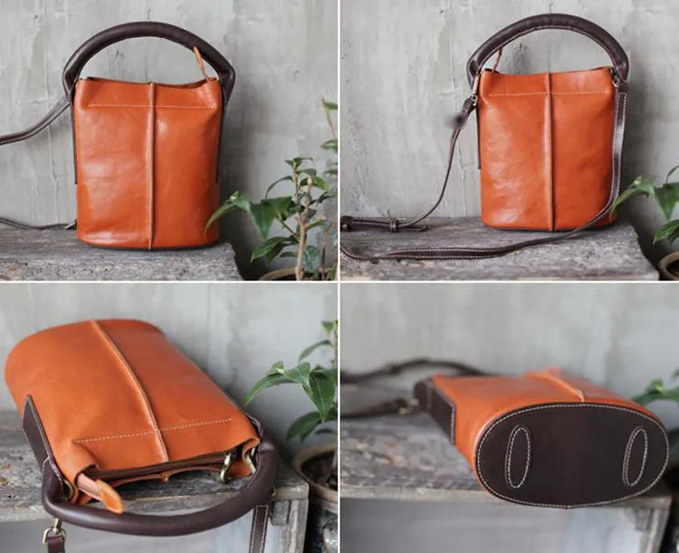 Vintage Womens Brown Leather Bucket Purse Handbag Barrel Side Bag With Zipper for Ladies