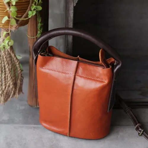 Vintage Womens Brown Leather Bucket Purse Handbag Barrel Side Bag With Zipper for Ladies